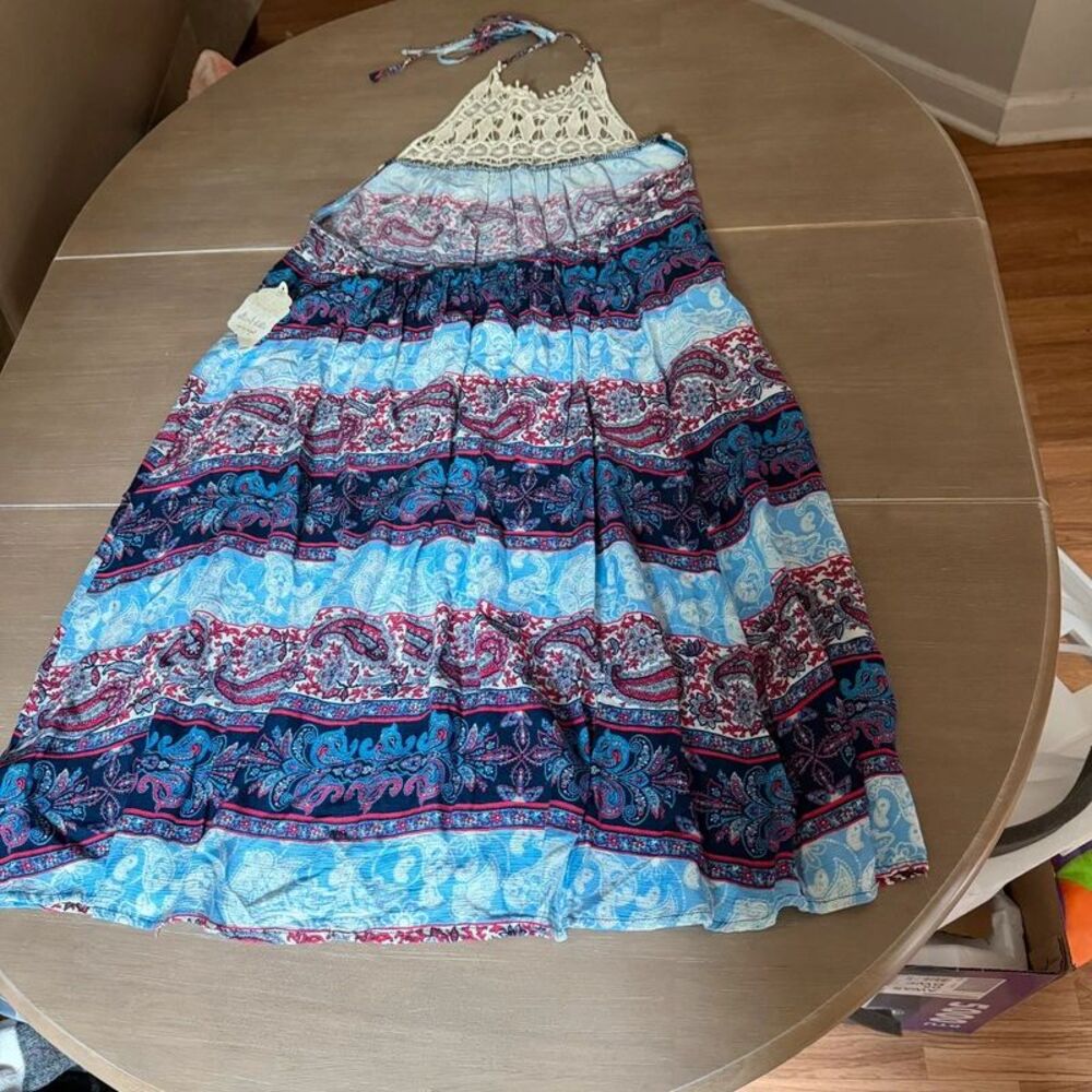 Altar’d State NWT Paisley Crochet Halter Dress M Navy Pink Boho Festival